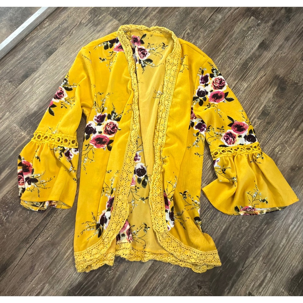 Yellow Floral Crochet Lace Trim Bell Sleeve Open Front Kimono Cardigan Top